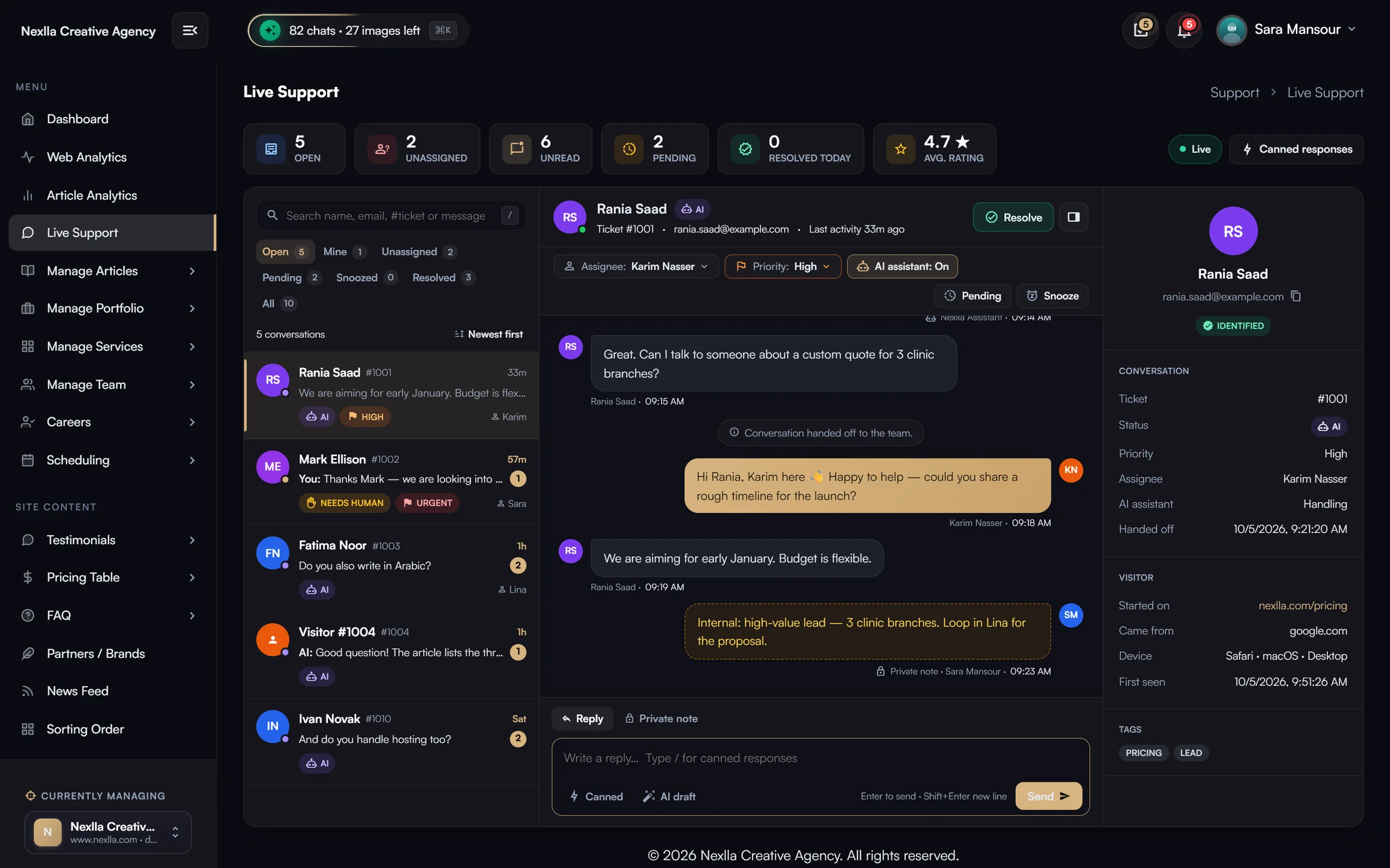 Live Support inbox — Real-time (WebSocket) chat inbox for the website widget: open/mine/unassigned/pending/snoozed/resolved queues, ticket numbers, priority, assignee, AI-assistant toggle, private notes, canned responses, AI draft replies, snooze, ratings and visitor context.