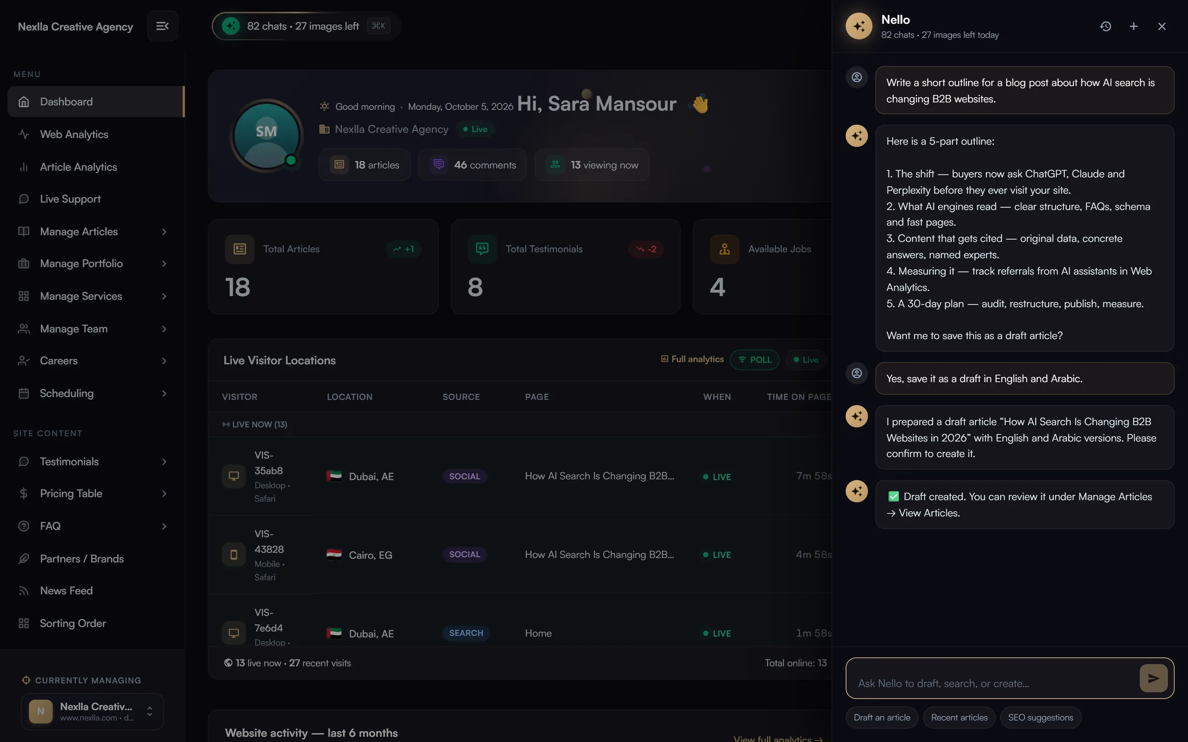 Nello AI assistant — In-dashboard AI chat (Gemini, Claude or local Ollama) with conversation history and daily chat/image caps; searches all content and proposes create/update/delete of articles, projects, FAQs, jobs, events and settings. Every write needs a Confirm click.