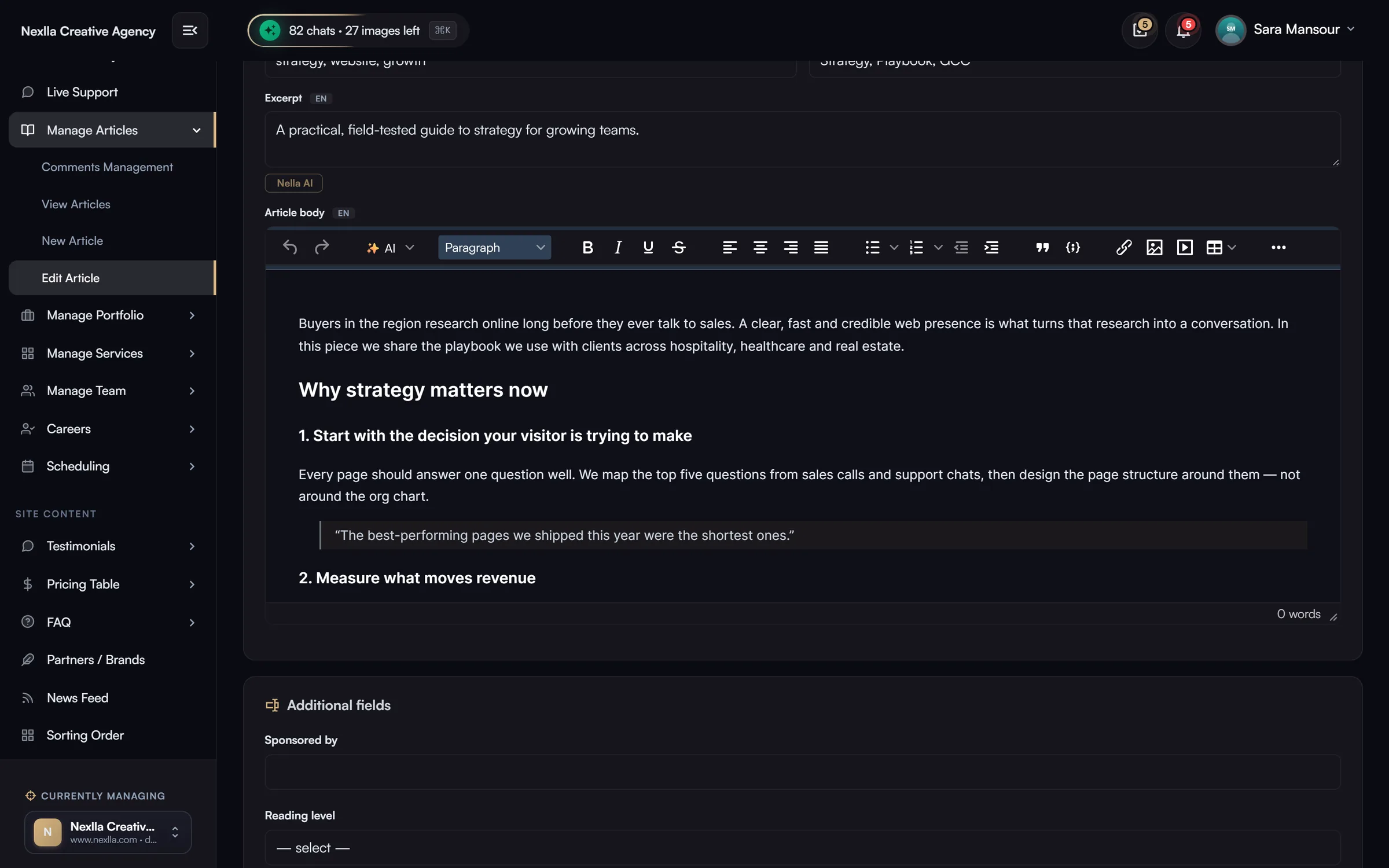 Article editor — Multi-language article form: TinyMCE rich editor with AI button, cover/meta images with AI generation, category, tags, keywords, excerpt, SEO meta, reading time, status, scheduling and custom fields.