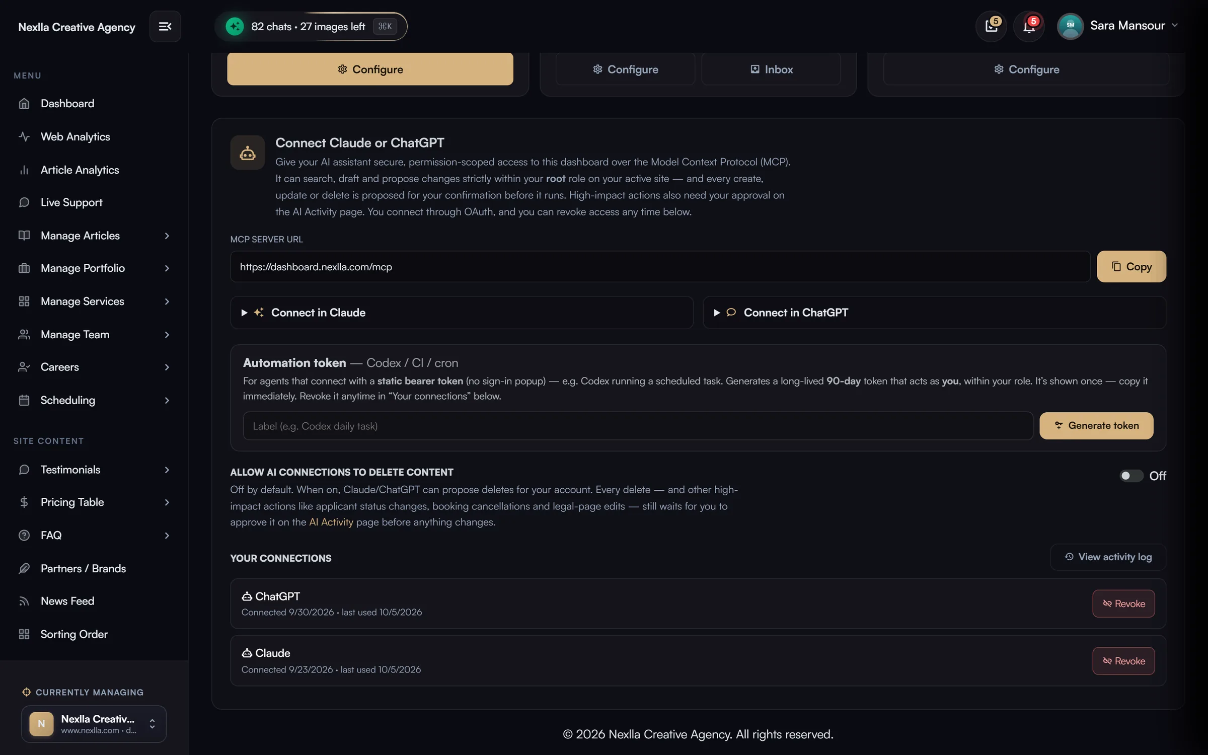 MCP server: connect Claude or ChatGPT — OAuth 2.1 MCP server URL, connect guides for Claude and ChatGPT, 90-day automation token, allow-delete toggle and per-user connection list with revoke.