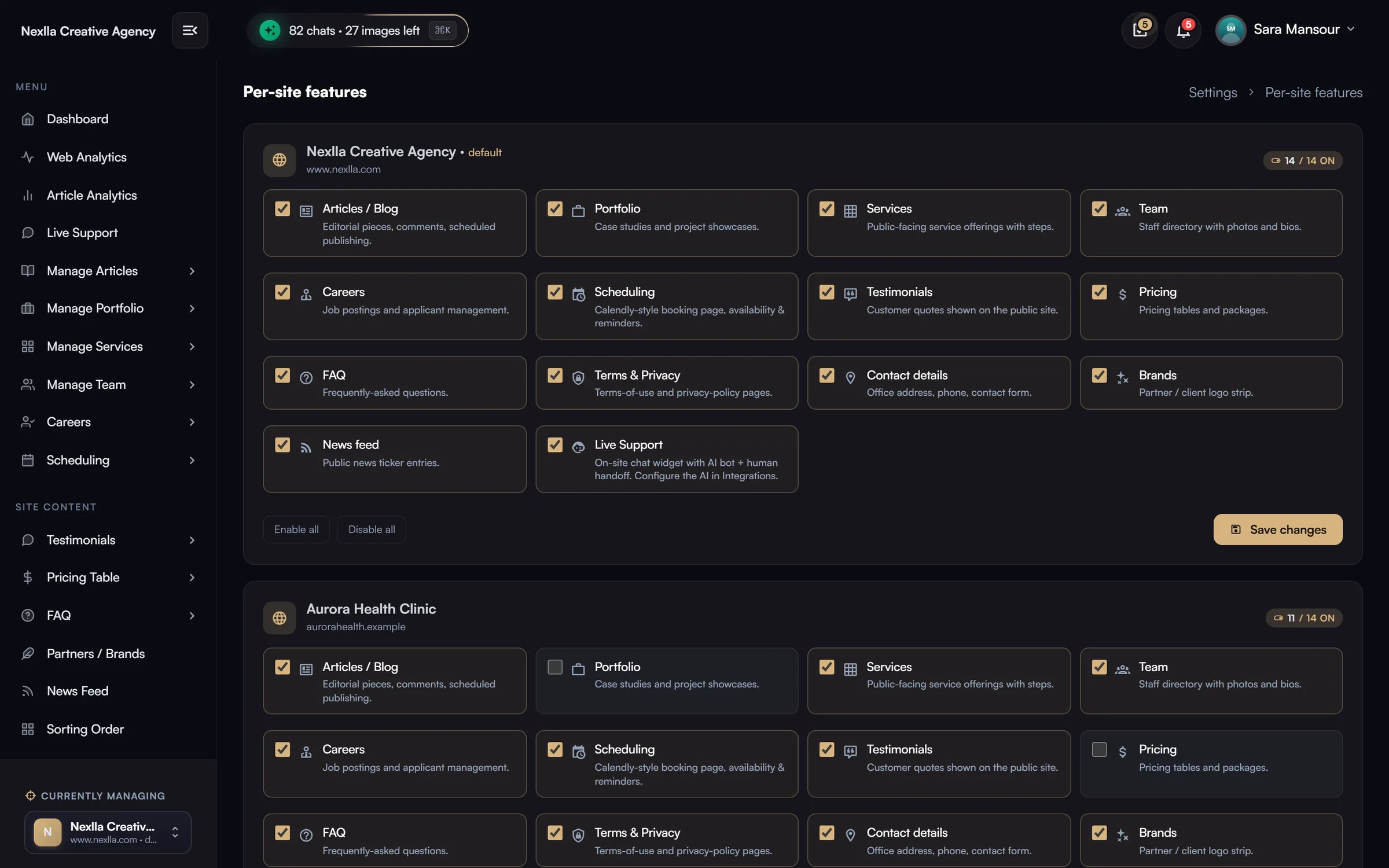 Per-site features