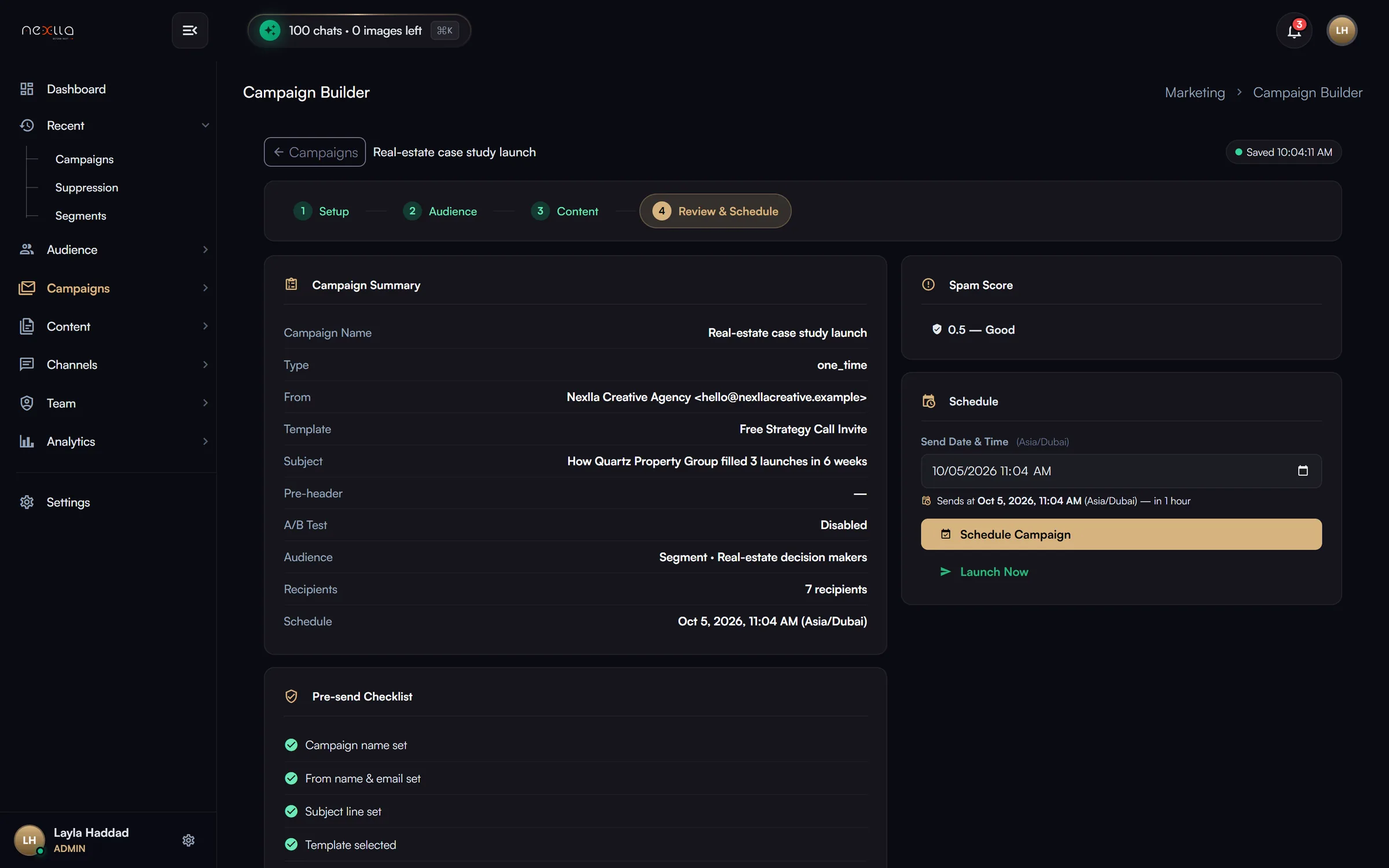 Campaign Builder — A 4-step wizard: setup and sender, audience (lists, segments, behaviour filters), content (template, subject, pre-header, A/B test), then review and schedule, with a spam score and pre-send compliance checklist. Types include one-time, scheduled, recurring newsletter, transactional trigger, re-engagement, NPS, renewal and A/B test.