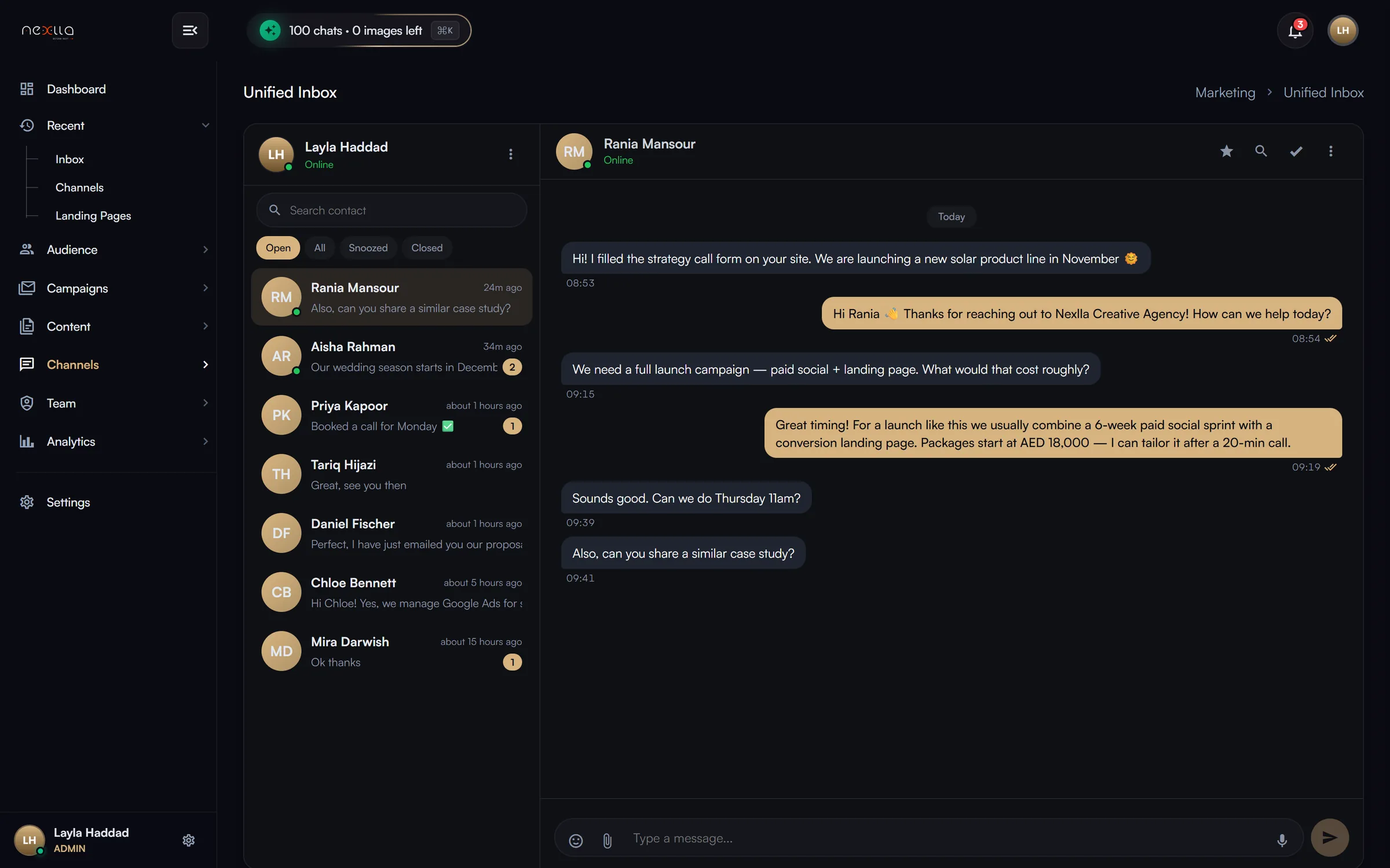 Unified Inbox — One inbox for WhatsApp, Instagram and Facebook conversations, with open/snoozed/closed views, unread badges, assignment, notes, tags, reply templates, media/voice and AI reply drafts.