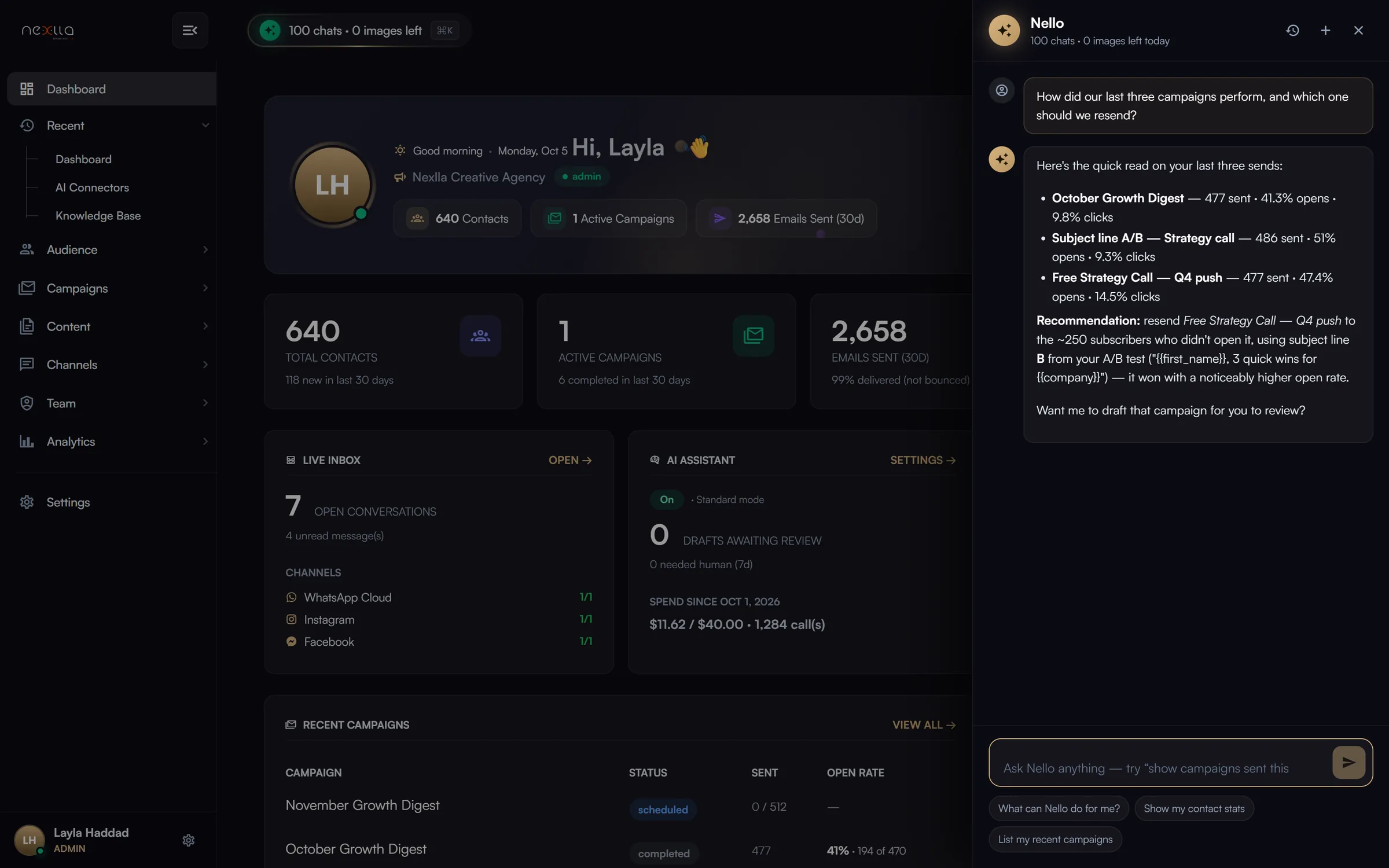 Nello AI Assistant — An in-app AI copilot drawer with conversation history and page-aware suggestions. It answers from live workspace data and can draft campaigns, contacts, templates and sequences, confirming each action first.