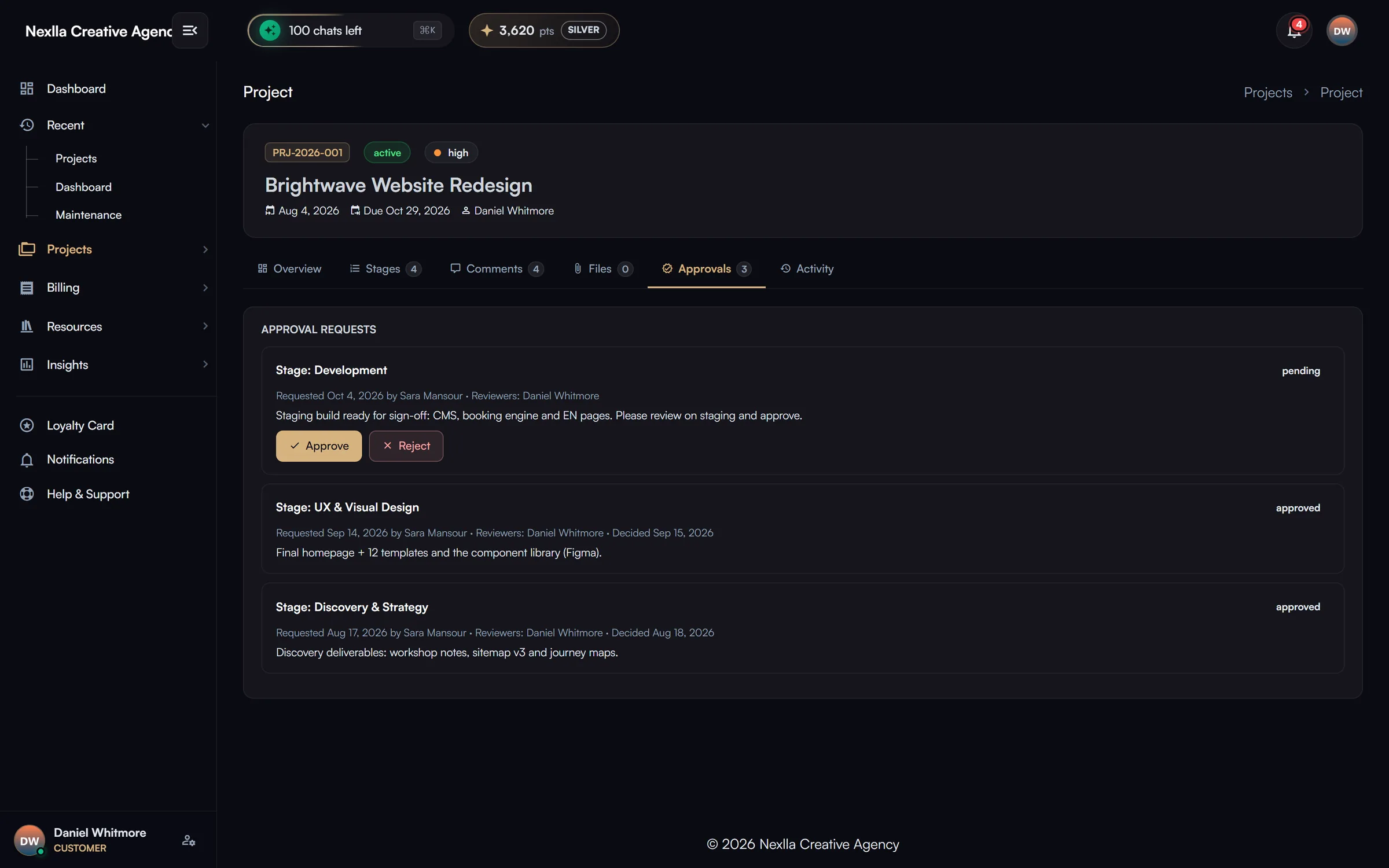 Stage approvals with e-signature — Approval requests per stage with reviewers, notes and Approve / Reject; approvals are stored with a typed or drawn signature, IP and timestamp that cannot be changed once signed.