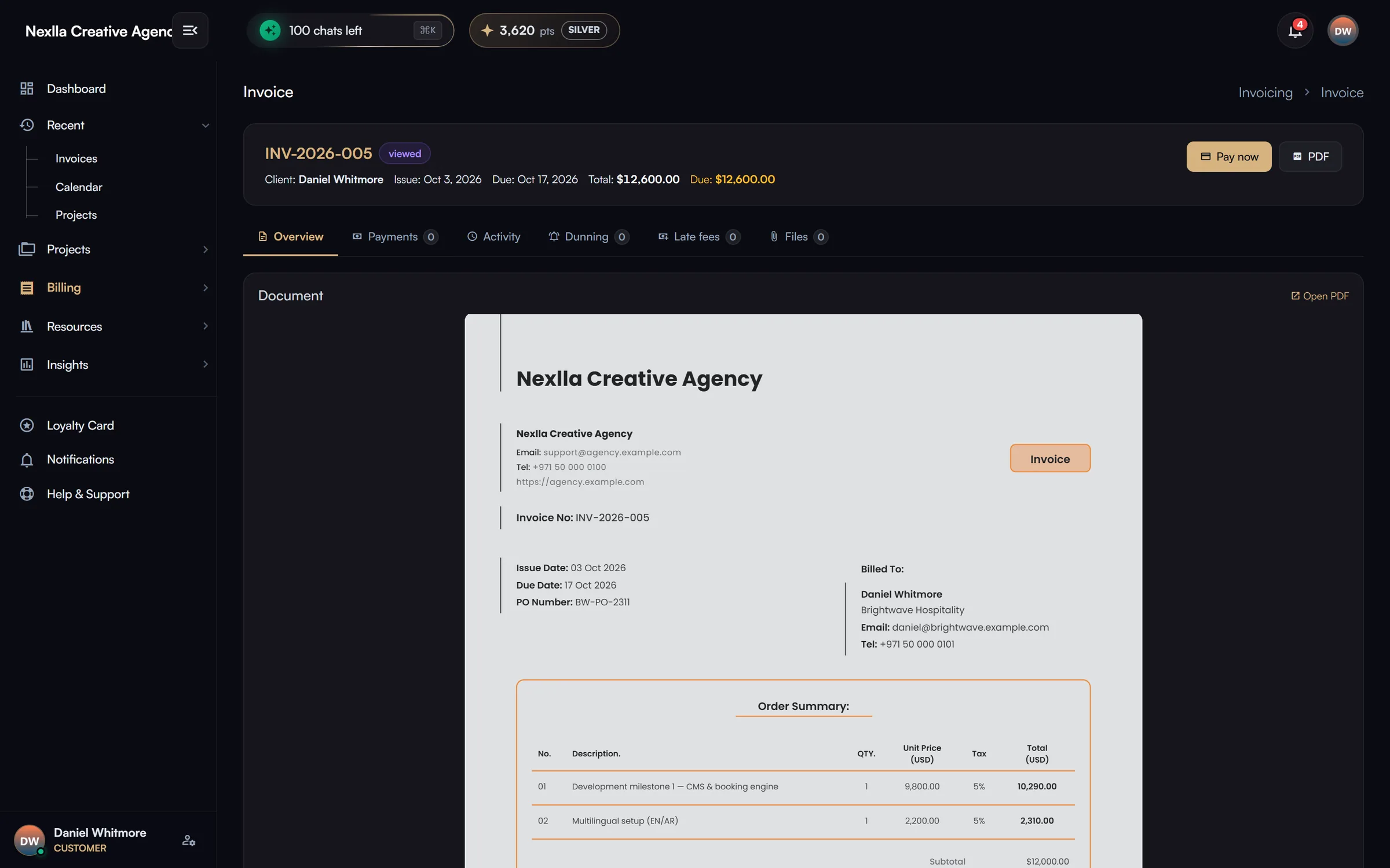 Invoice detail & Pay now — Branded invoice document with line items and tax, tabs for Payments, Activity, Dunning, Late fees and Files, PDF download and a Pay now button that opens a hosted payment page (card via Stripe, PayPal or crypto, as configured).