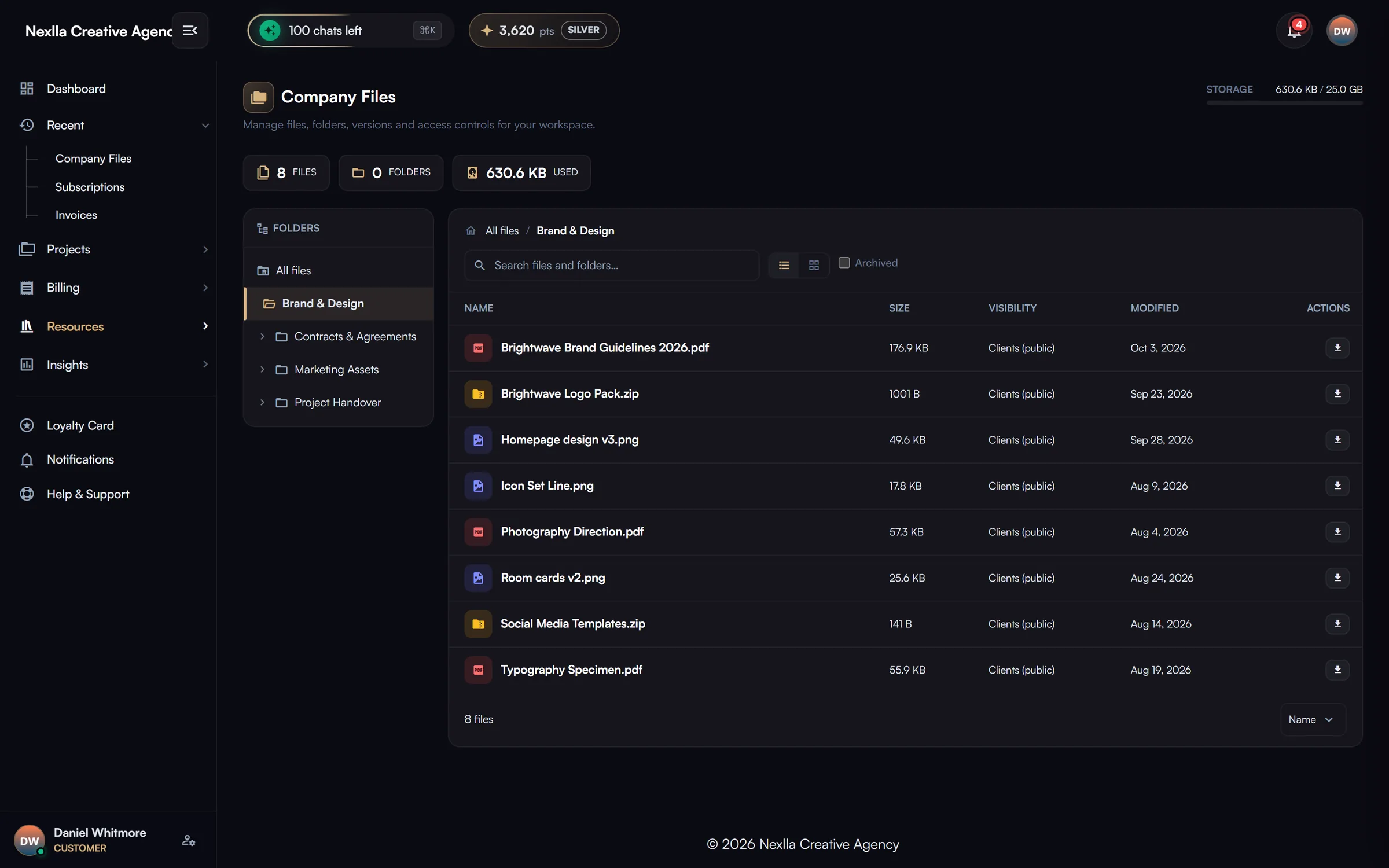Company files — Shared folder tree and file list with size, visibility (clients / internal / vendors / custom), versions, comments, approvals, expiring download links, search, storage quota and virus-scan status.